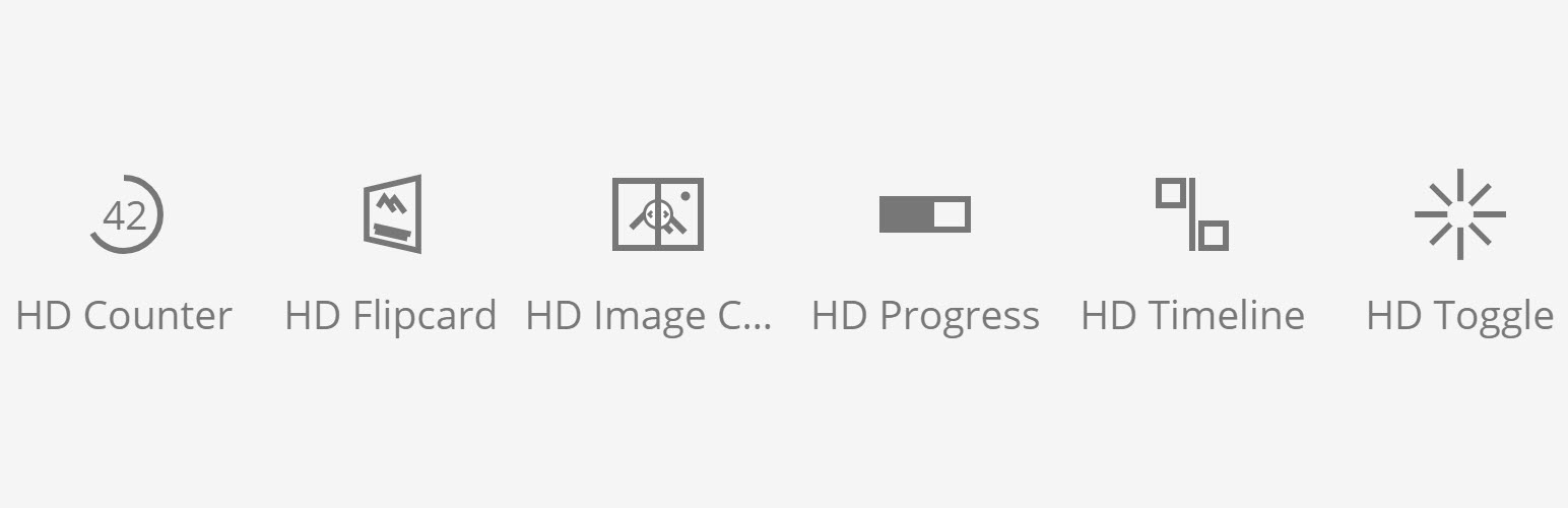 Screenshot showing some of the elements included in the plugin Herzog Dupont for YOOtheme Pro: HD Counter, HD Flipcard, HD Image Comparison, HD Progress, HD Timeline, HD Toggle