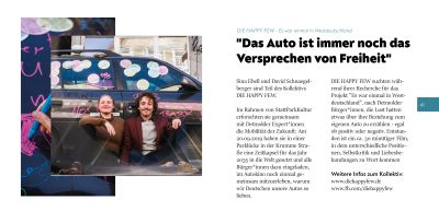 Beispielseite aus dem Begleitheft zu Statt Park Kultur 2019: „Das Auto ist immer noch das Versprechen von Freiheit“